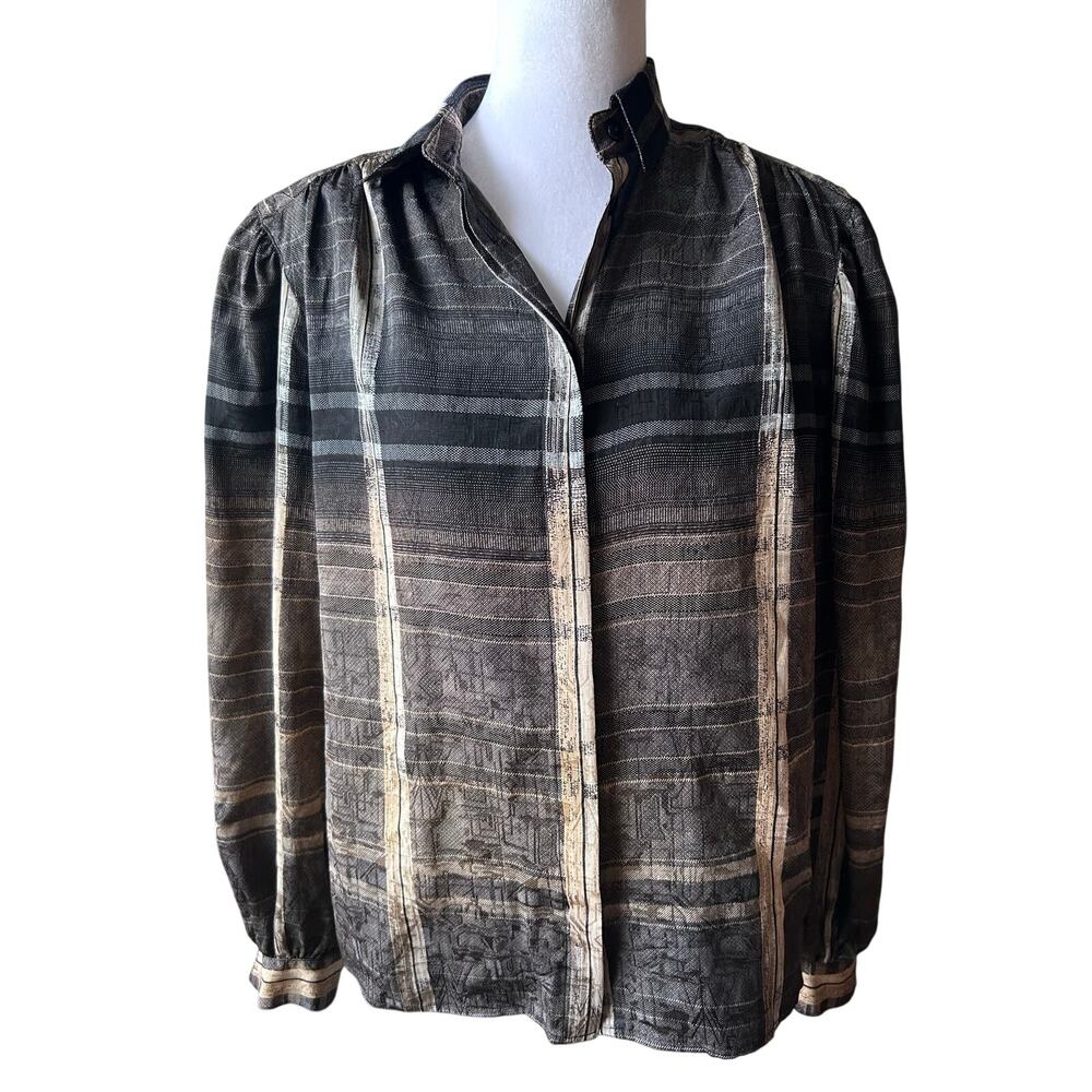 Betty Hanson 100% Silk Abstract Geometric Plaid Blouse Metallic Gold Stripe M 6